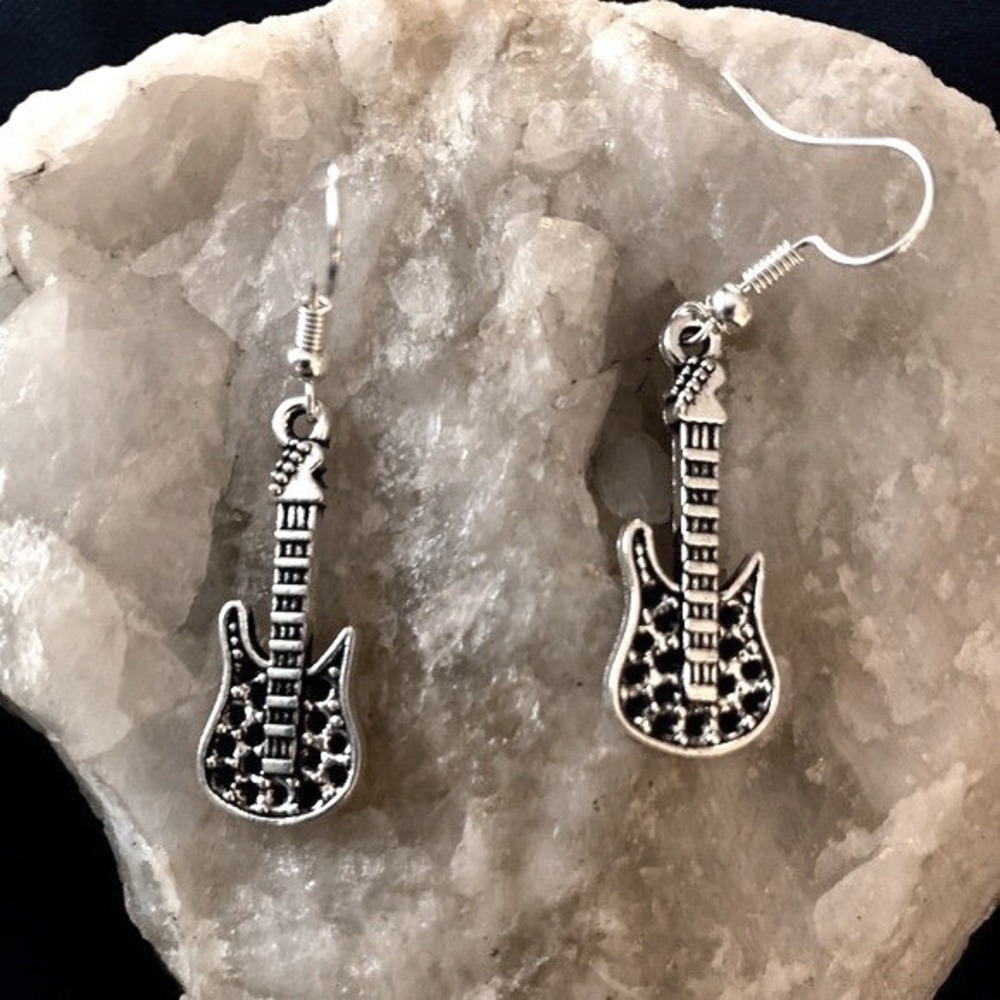 Tibetan Silver Detailed Guitar Hook Earrings-Gift Music Artist Rockstar Musician - Picture 3 of 4